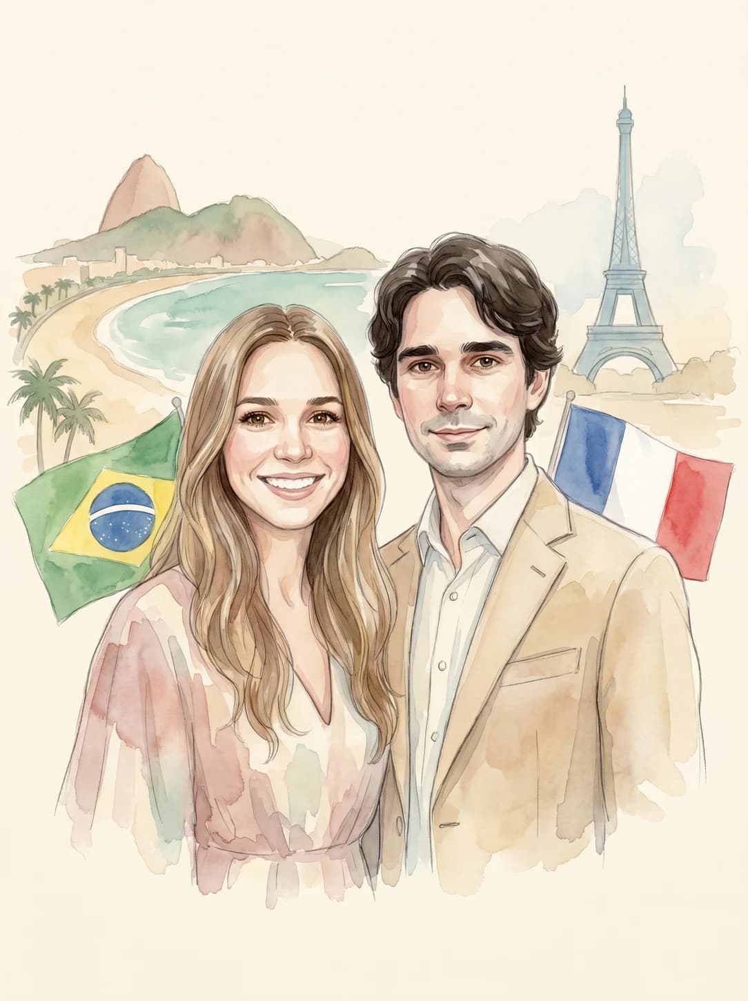Watercolor illustration of a Franco-Brazilian couple, between Paris and Rio, in the Spark Stories book style.
