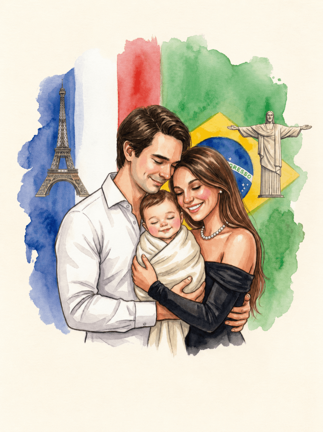 Watercolor illustration of a Franco-Brazilian couple and their child, Eiffel Tower and Christ the Redeemer in the background.