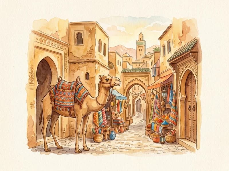 Viñeta en acuarela de Marruecos, del libro de aventuras por África