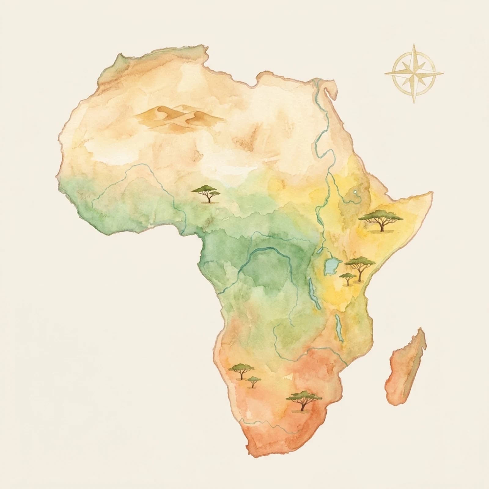 Mapa ilustrado de África en acuarela, del libro EL PRIMER GRAN VIAJE DE NOA