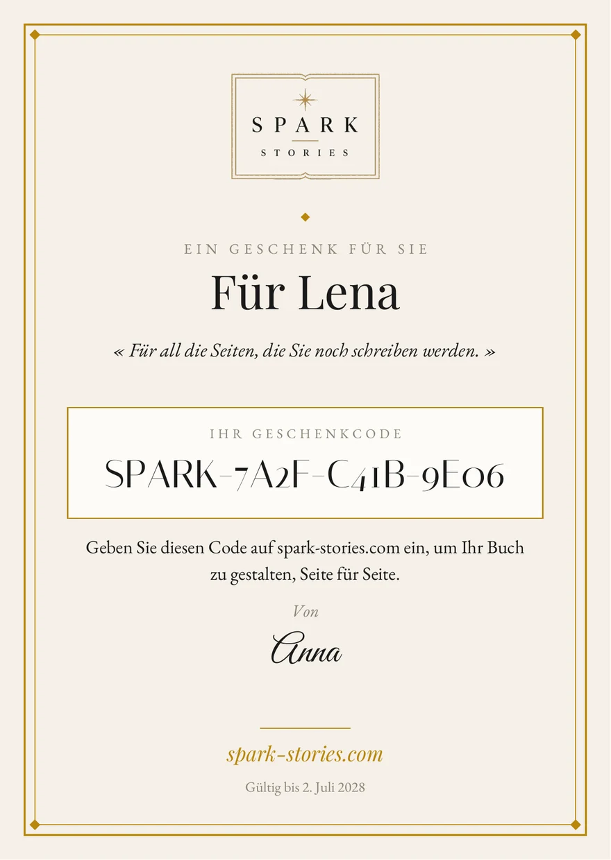 Die druckbare Spark-Stories-Geschenkkarte mit goldenem Rahmen und persönlichem Geschenkcode