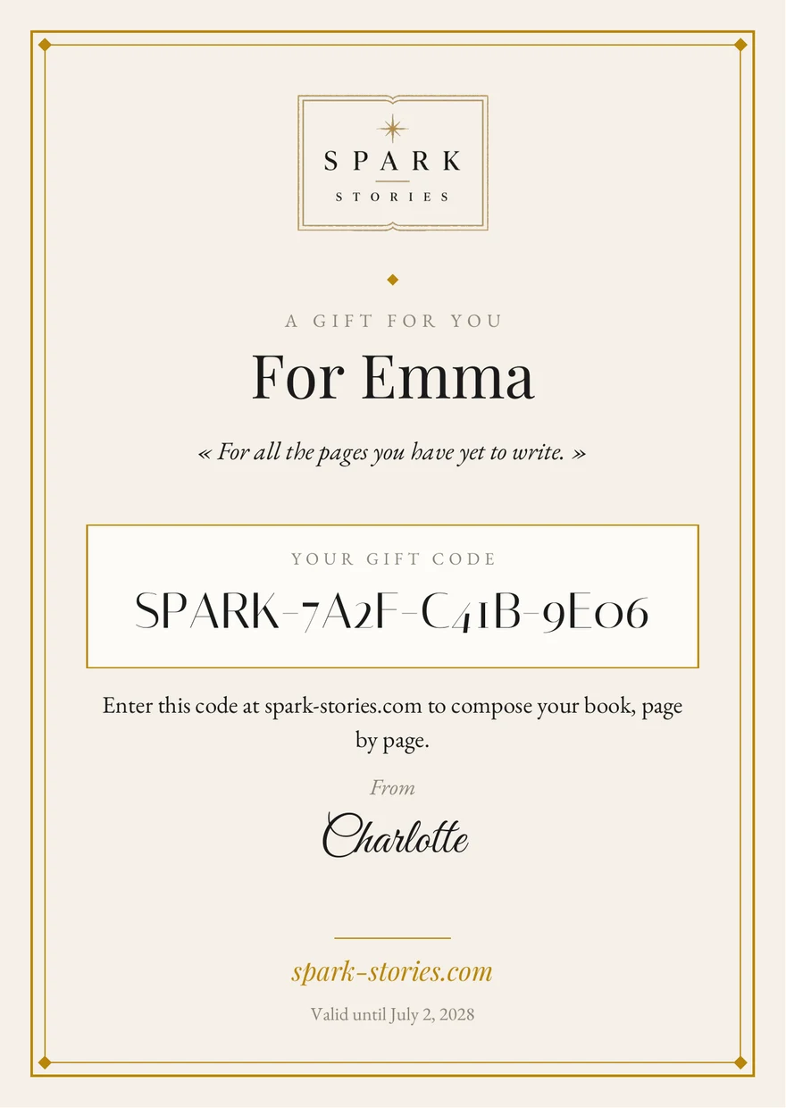 The printable Spark Stories gift card, with its gold frame and personal gift code