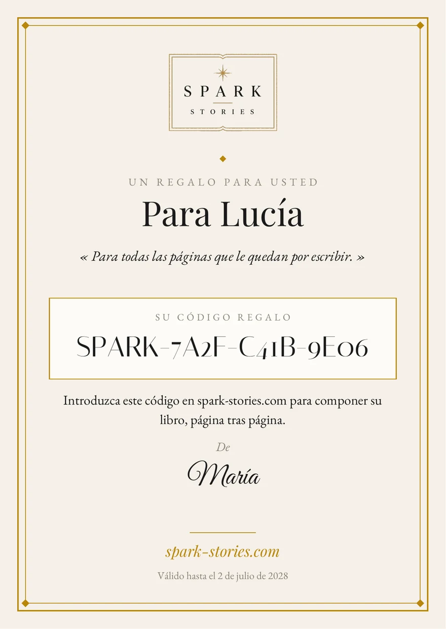 La tarjeta regalo Spark Stories para imprimir, con su marco dorado y su código regalo personal