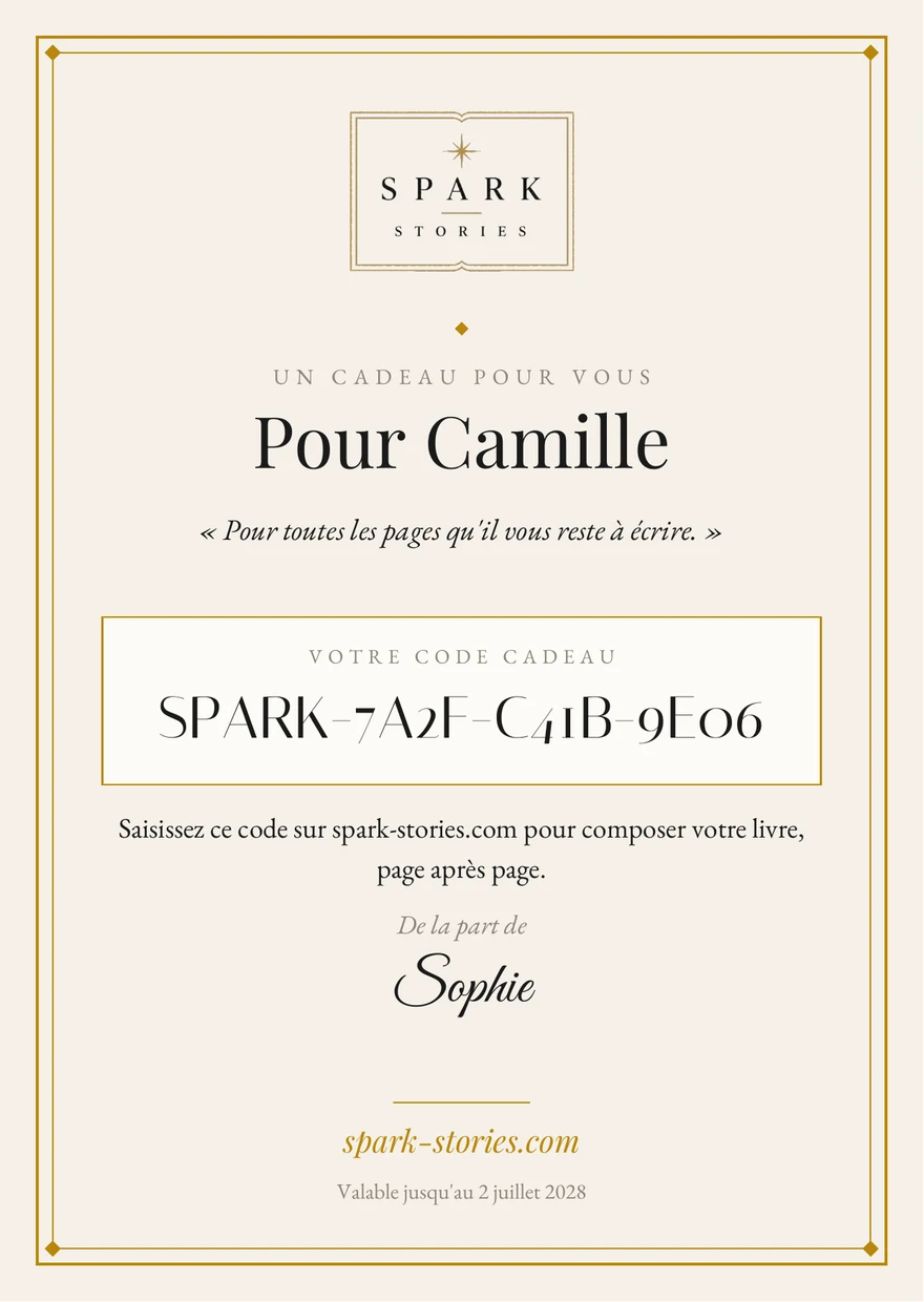 La carte cadeau Spark Stories à imprimer, avec son cadre doré et son code cadeau personnel