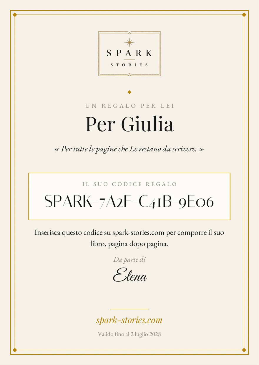 La carta regalo Spark Stories da stampare, con cornice dorata e codice regalo personale