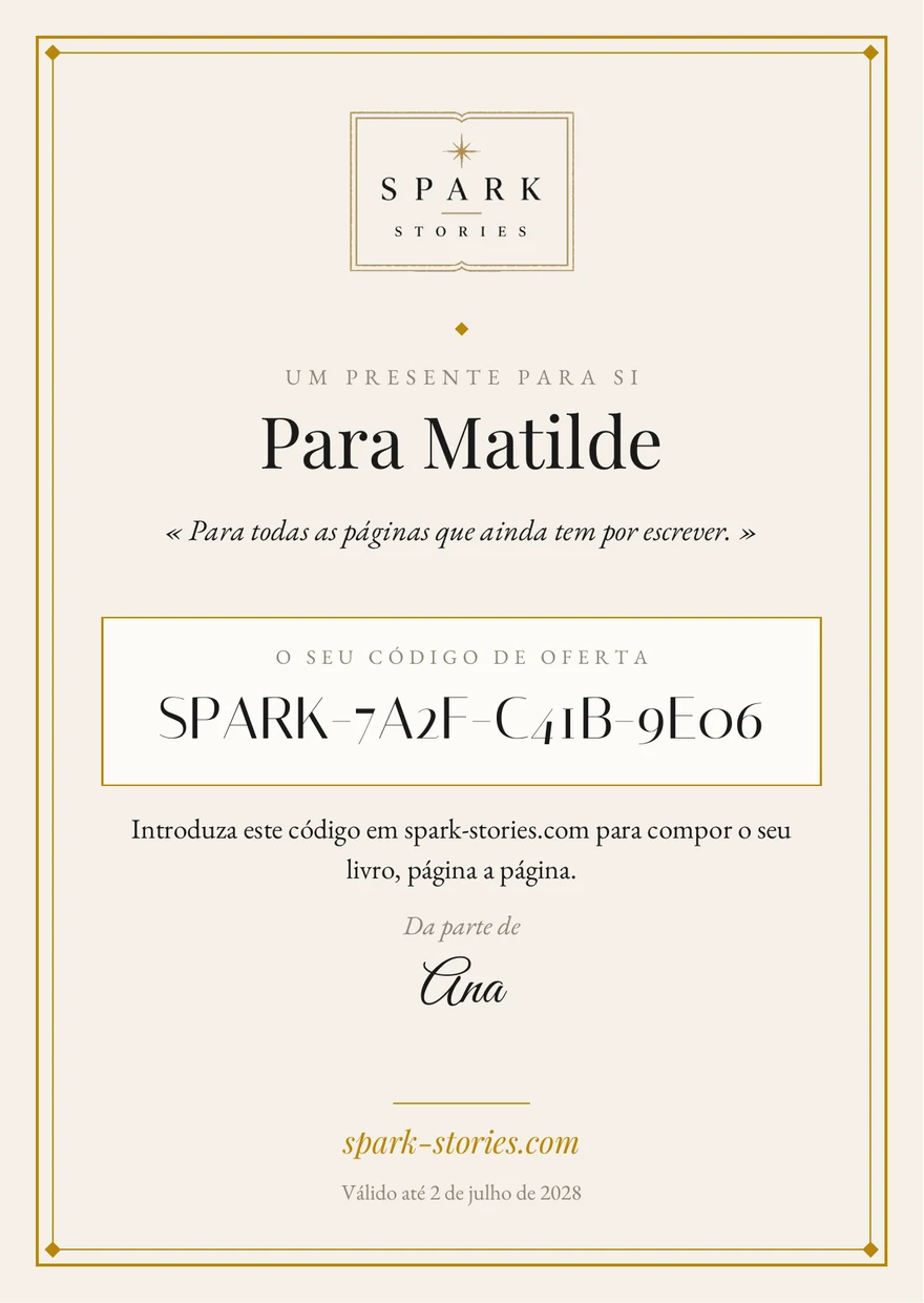 O vale-oferta Spark Stories para imprimir, com moldura dourada e código de oferta pessoal