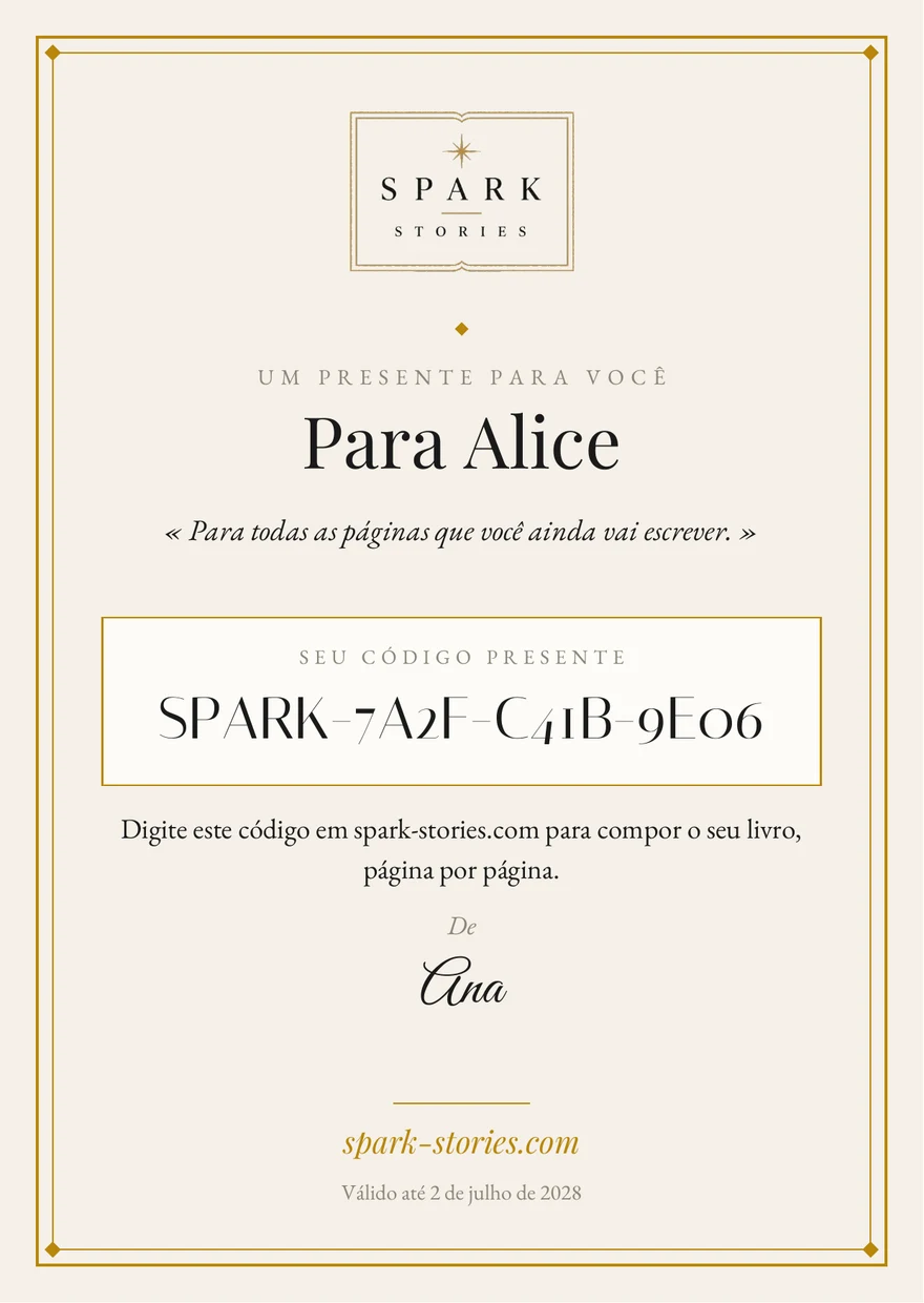O vale-presente Spark Stories para imprimir, com moldura dourada e código presente pessoal
