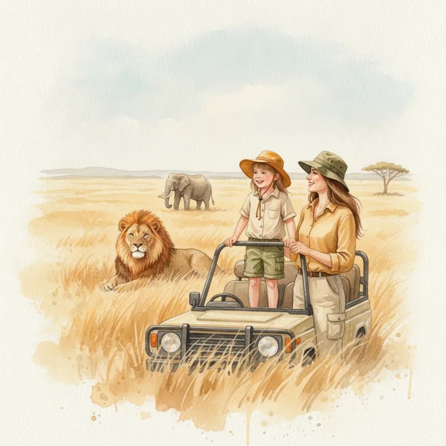 Illustration from Emma's book: on the Maasai Mara savannah, Emma and Mum watch a peaceful lion from the jeep