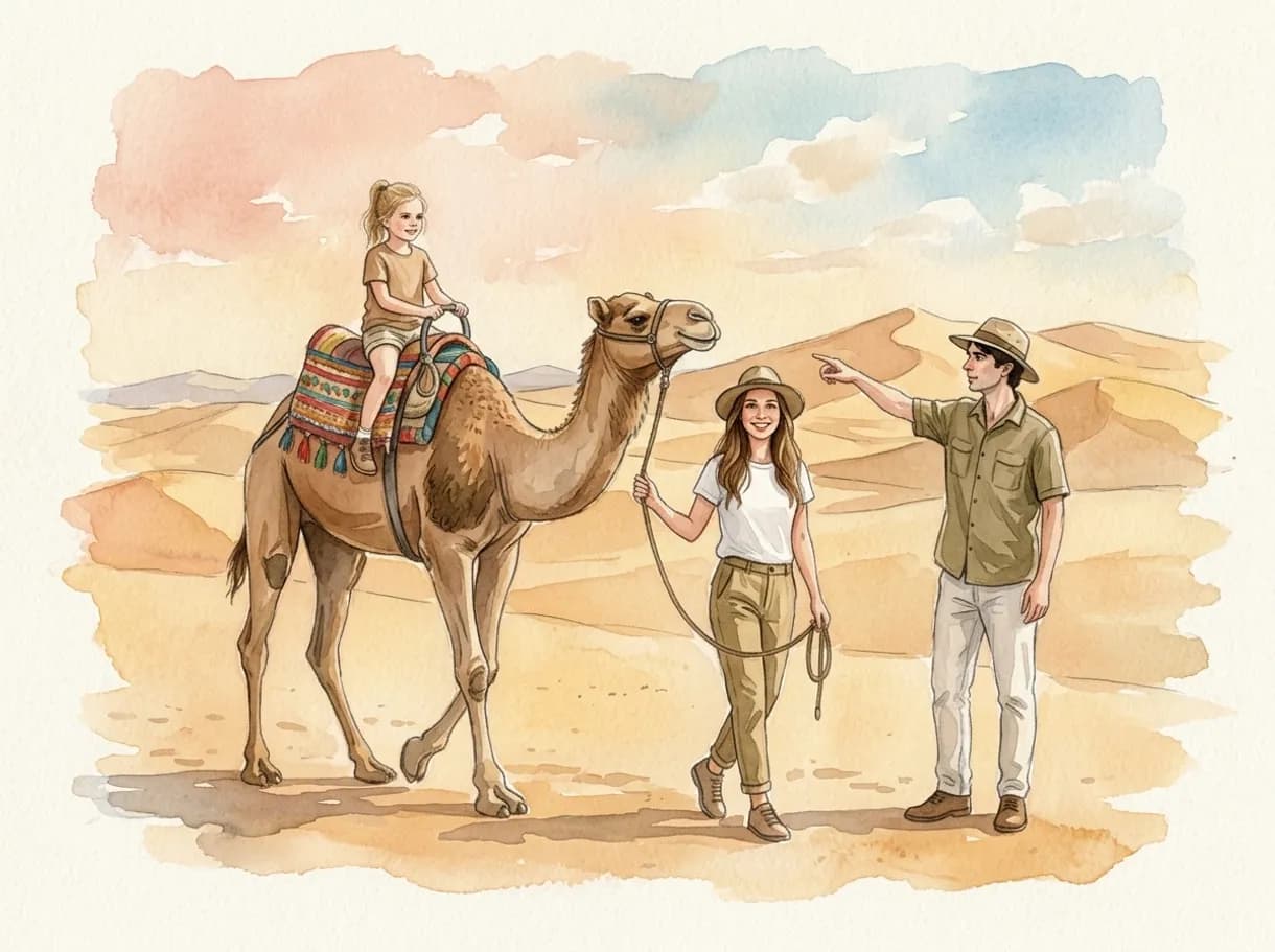 Emma and her parents on their journey: Morocco, an illustrated page from the Africa adventure book