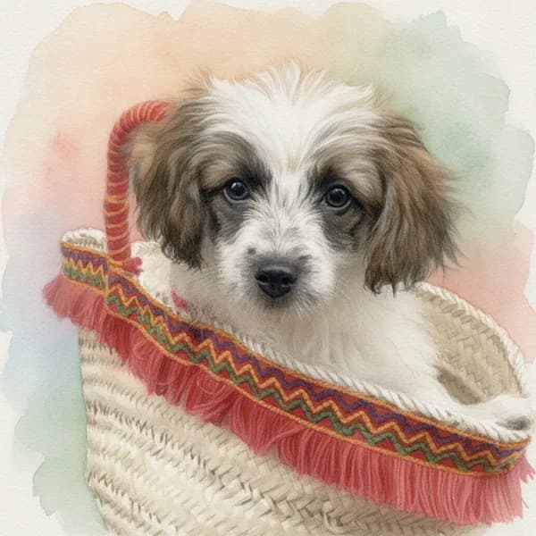 Illustrated portrait of Maracuja, the family dog