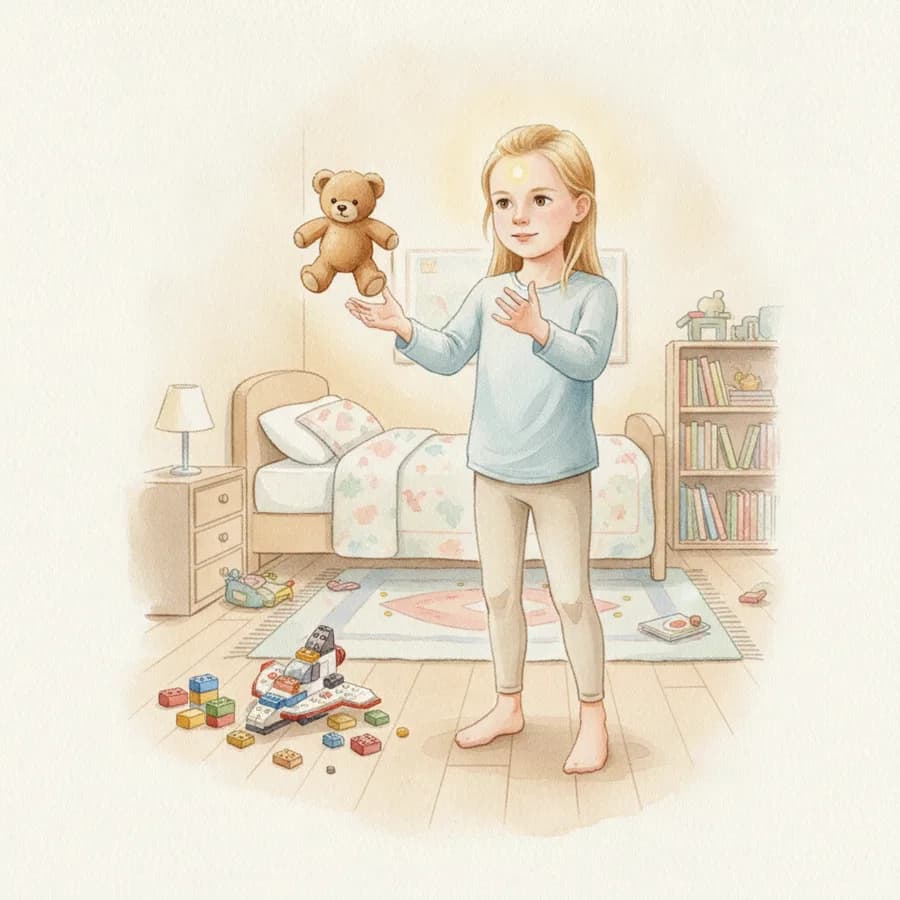 Ilustração do livro da Emma: no quarto dela, o ursinho flutua devagarinho até a mão dela