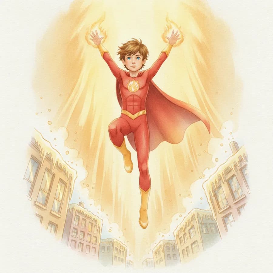 Illustration from Leo's book: he rises above the city and unleashes a huge golden wave