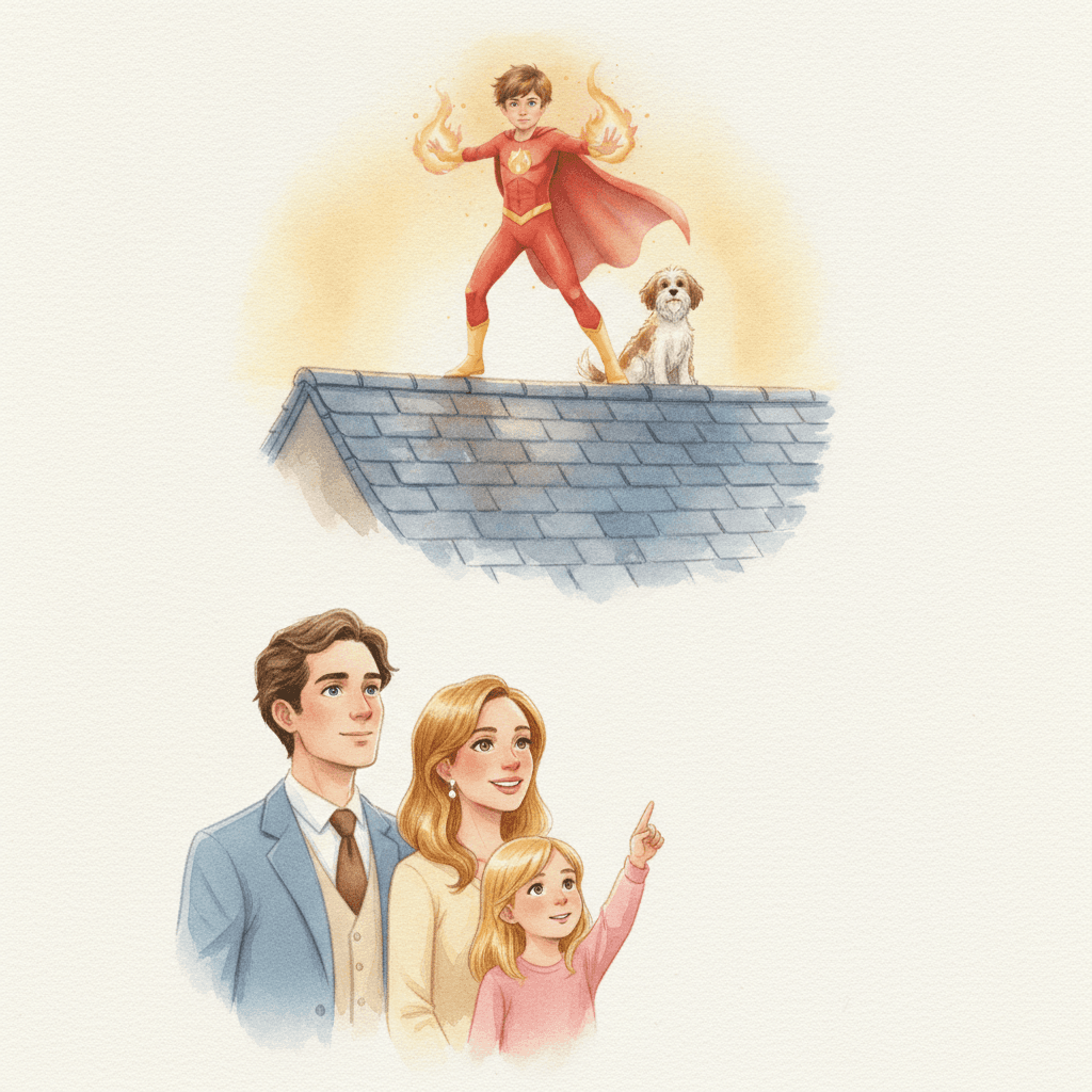 Page from Leo's book: in costume on the rooftops with his dog, his family pointing up at him