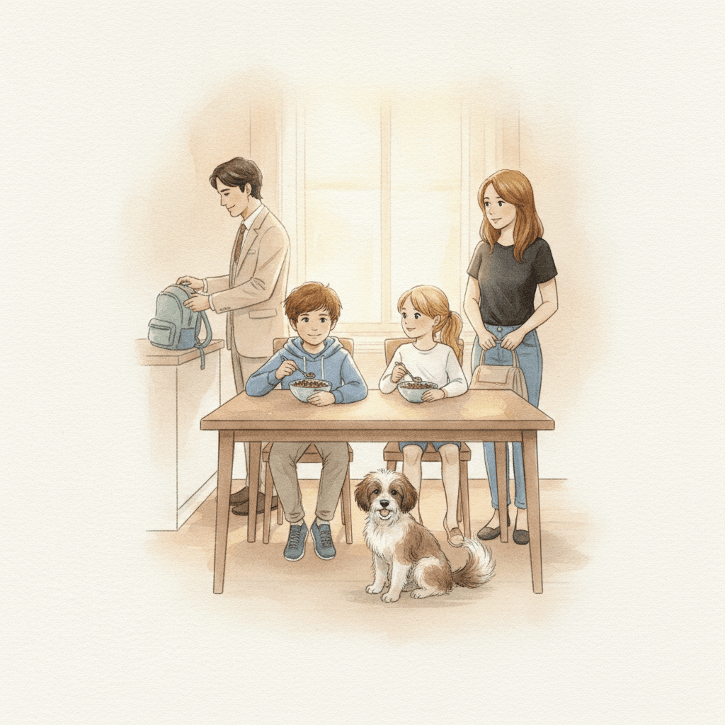 Page from Leo's book: family breakfast with the dog before school