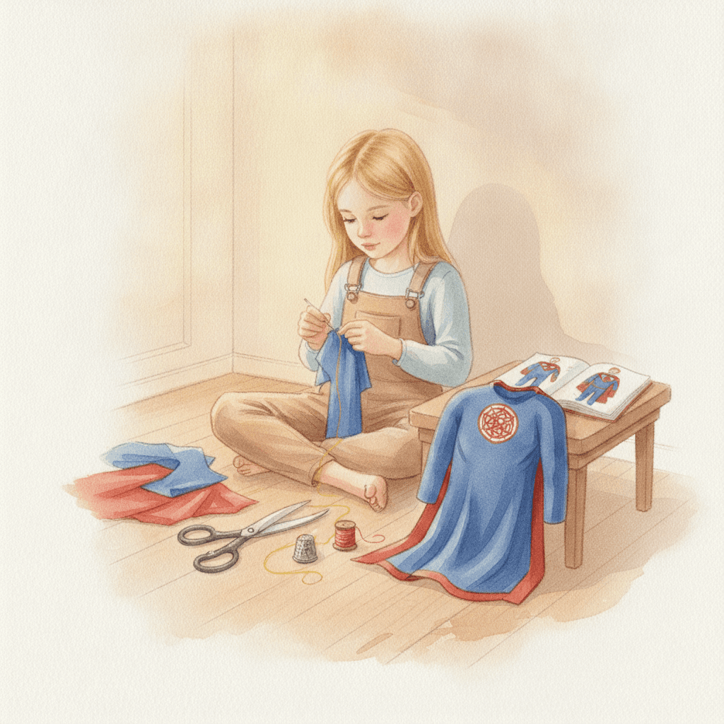 Página do livro da Emma: Emma cria a fantasia azul e vermelha dela no quarto