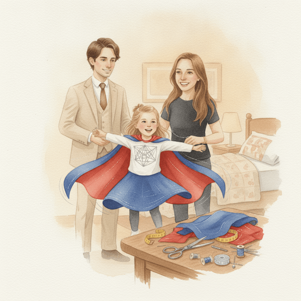 Página do livro da Emma: Emma cria a fantasia azul e vermelha dela no quarto