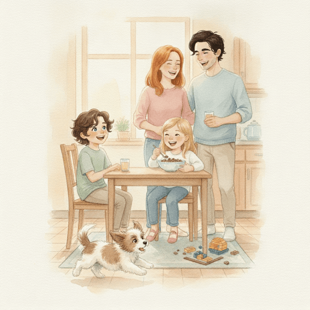 Página do livro da Emma: o café da manhã em família com o cachorro antes da escola