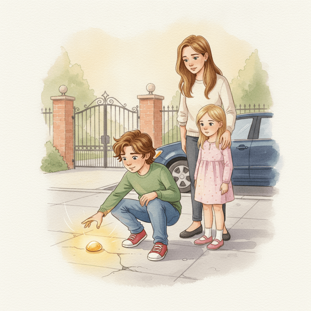 Page from Leo's book: Leo finds the golden stone sparkling on the pavement in front of his mother and sister