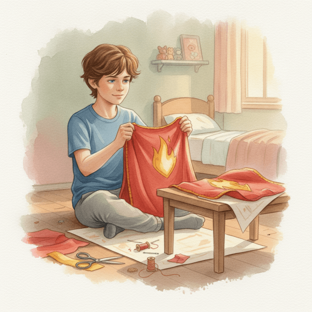 Page from Leo's book: Leo sews his red cape in his bedroom