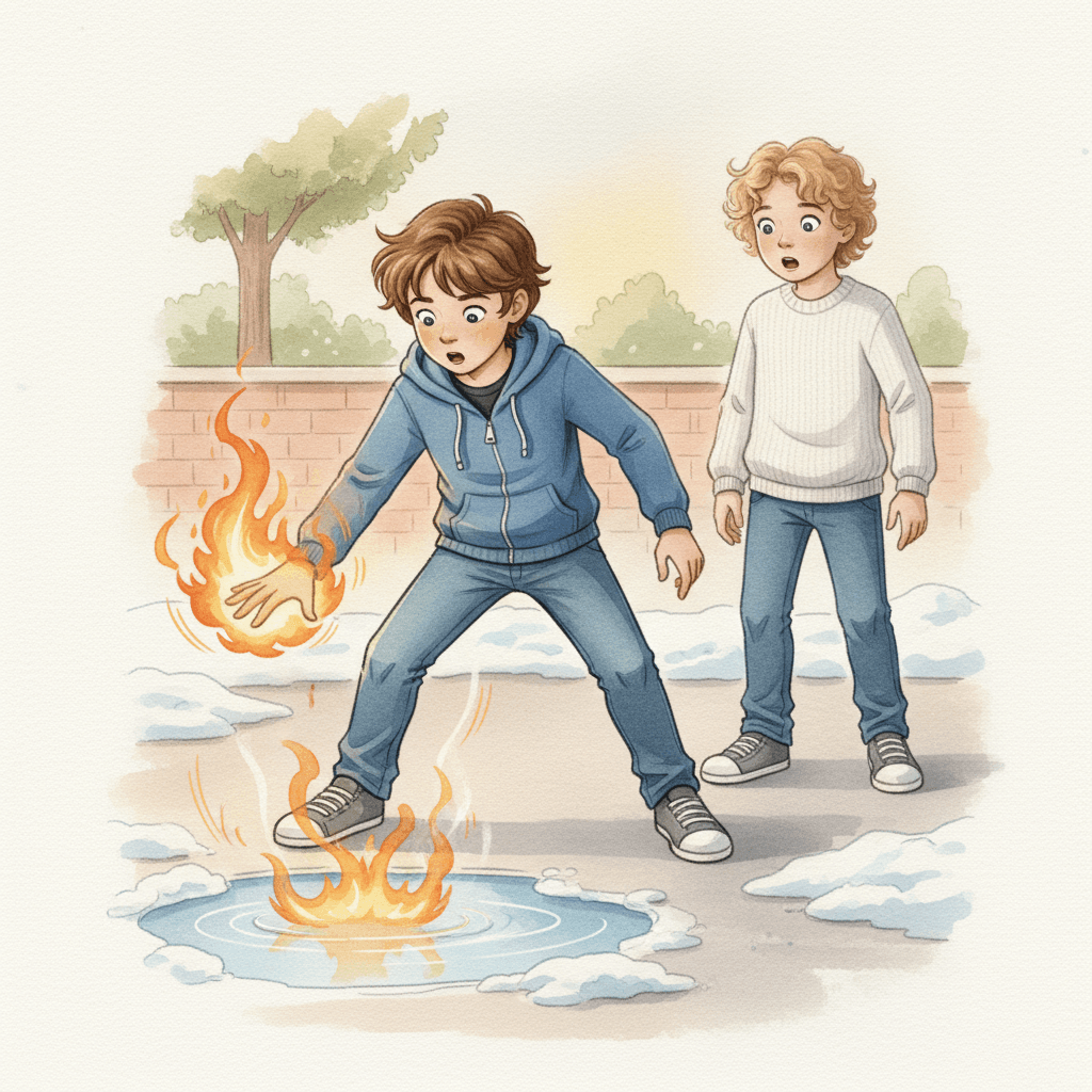 Page from Leo's book: a flame dances in his hand before his astonished friend