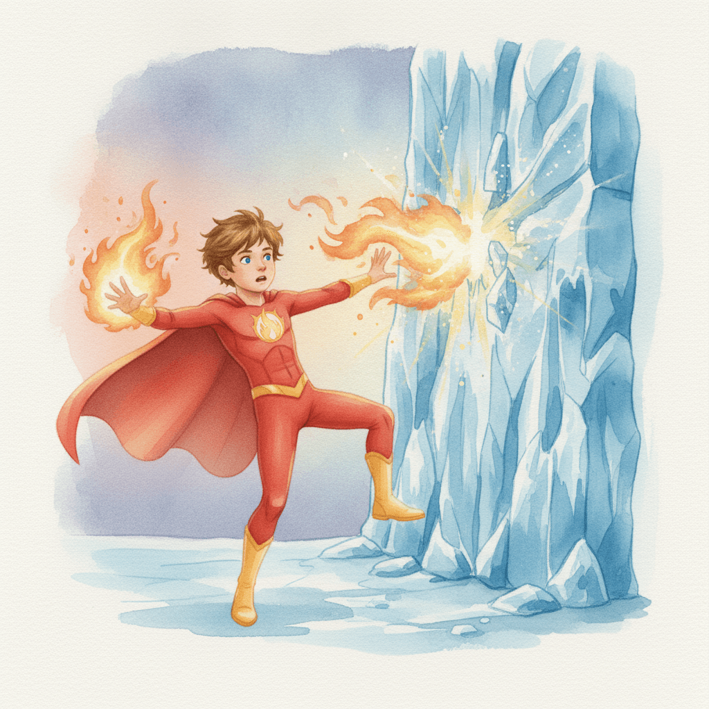 Page from Leo's book: the hero splits the wall of ice
