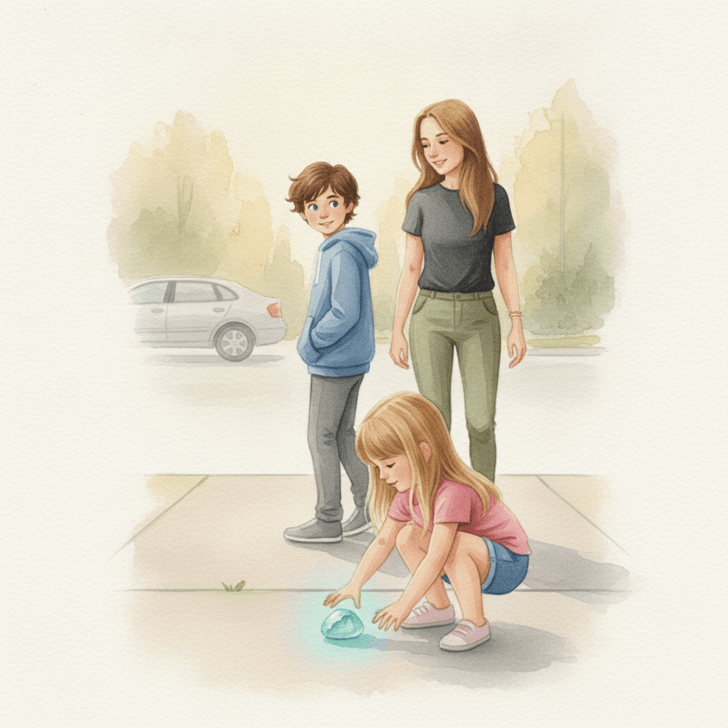 Página do livro da Emma: a pedrinha que brilha diante do portão da escola