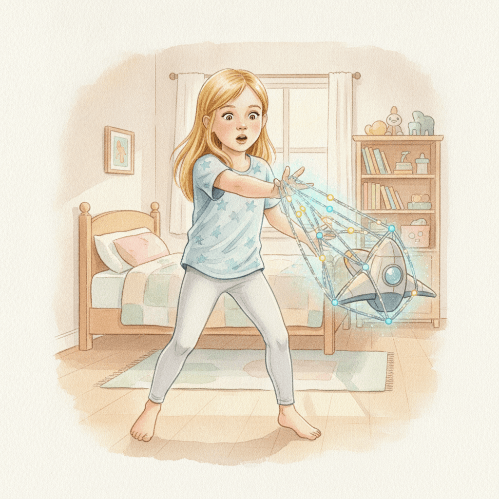 Página do livro da Emma: um fio de luz agarra o brinquedo que cai no quarto dela