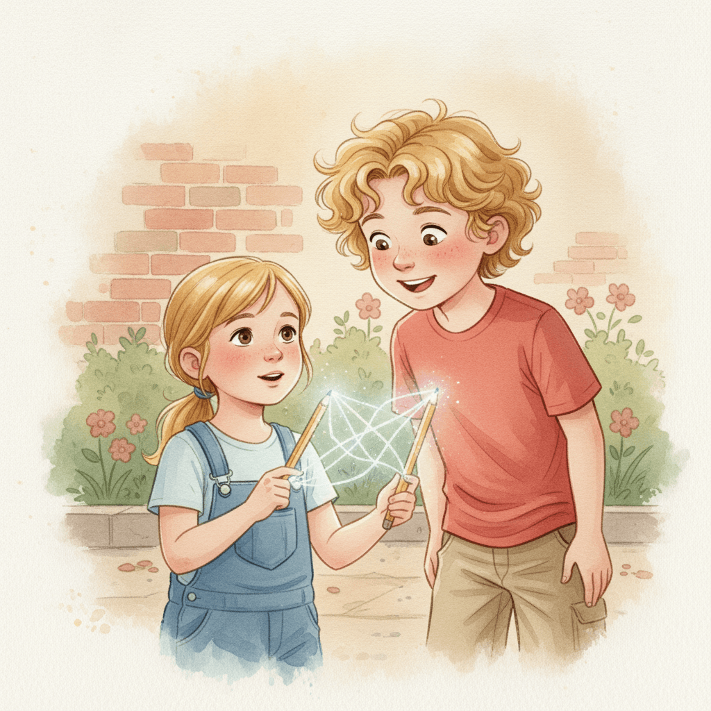 Página do livro da Emma: um fio de luz agarra o brinquedo que cai no quarto dela