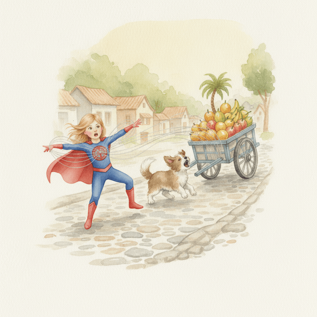 Página do livro da Emma: a pesada carroça de frutas rola para a fonte do mercado