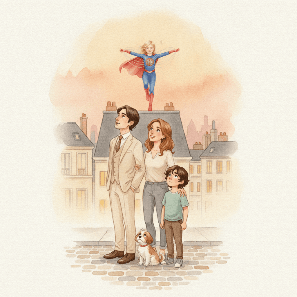 Página do livro da Emma: de fantasia em um telhado ao pôr do sol, a família dela olha lá de baixo