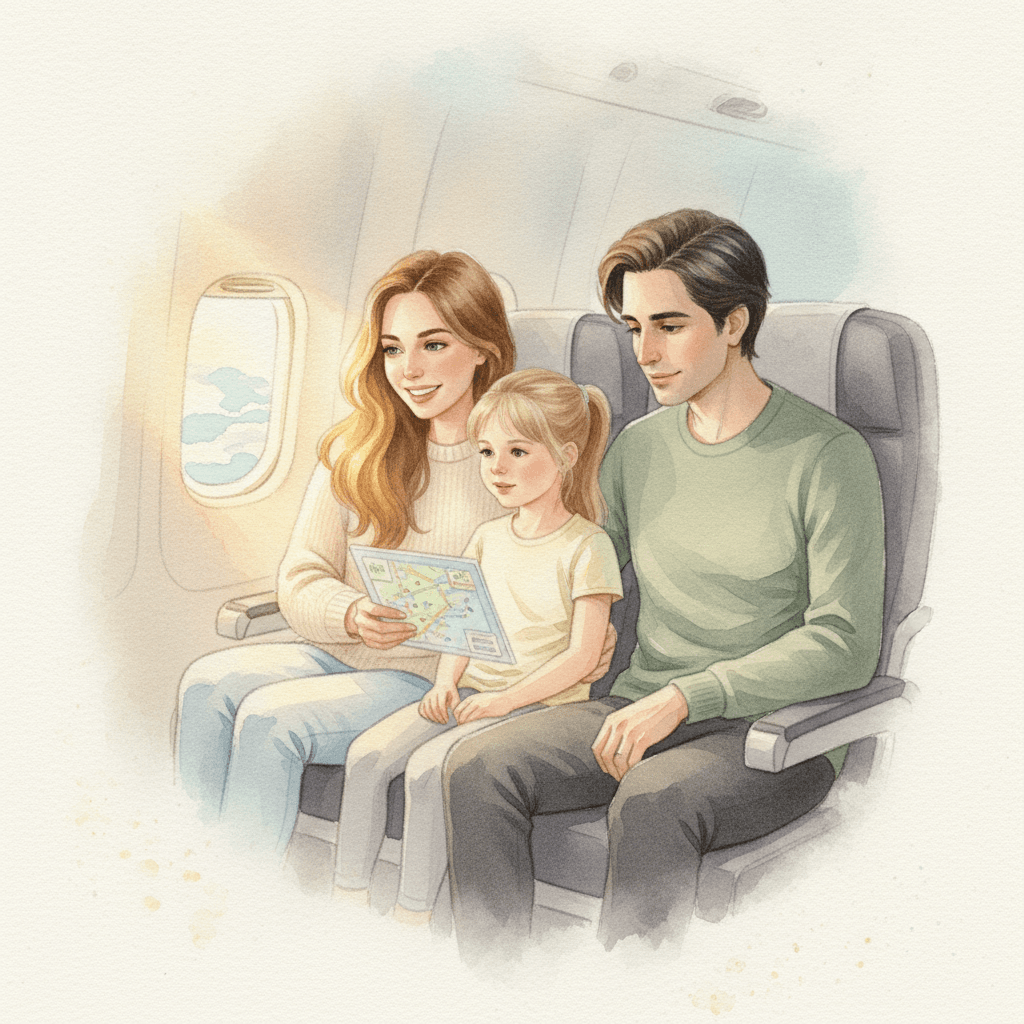 Page from Emma's book: on the plane, she follows the journey line with Mum and Dad, high above the Mediterranean