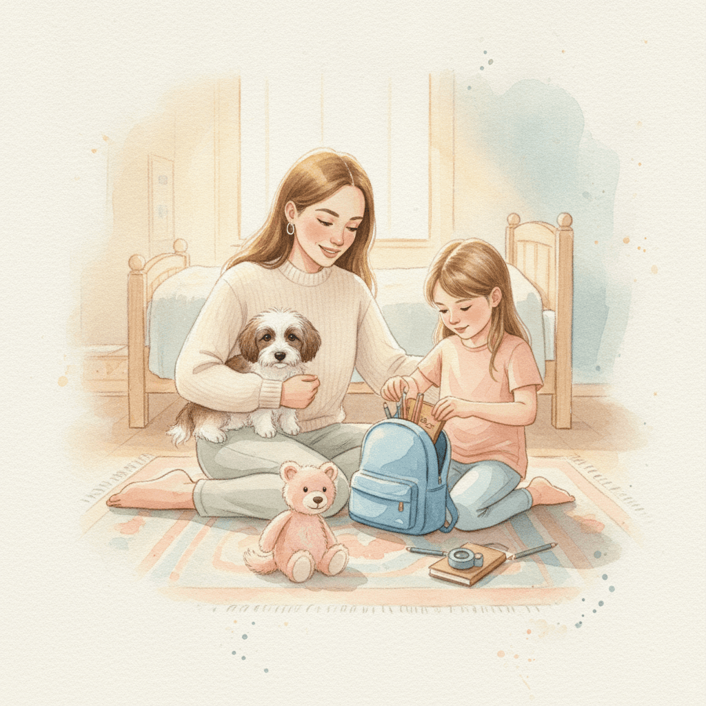 Page from Emma's book: she packs her bag with her binoculars, her notebook and her cuddly toy