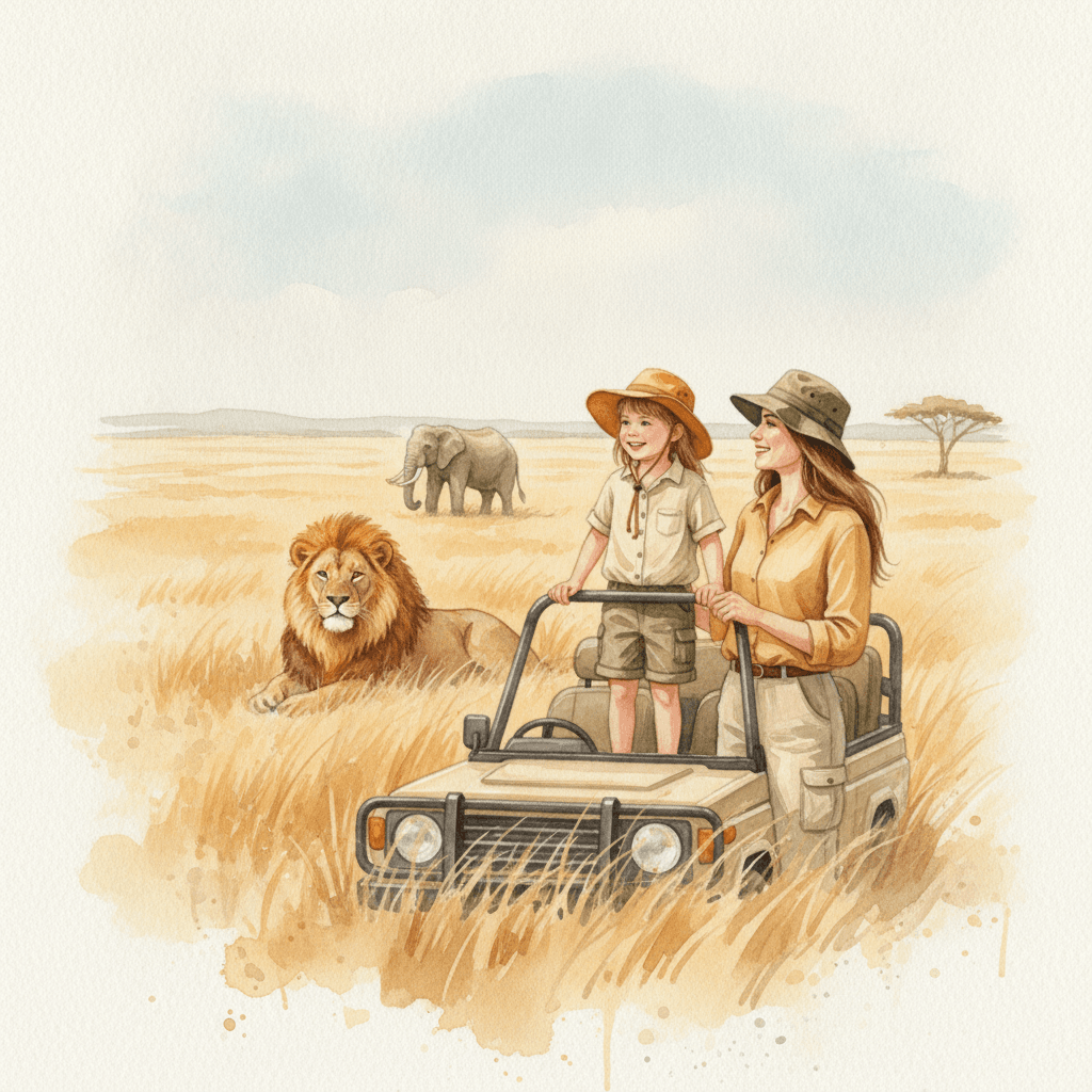 Page from Emma's book: a majestic lion rests in the savannah grass