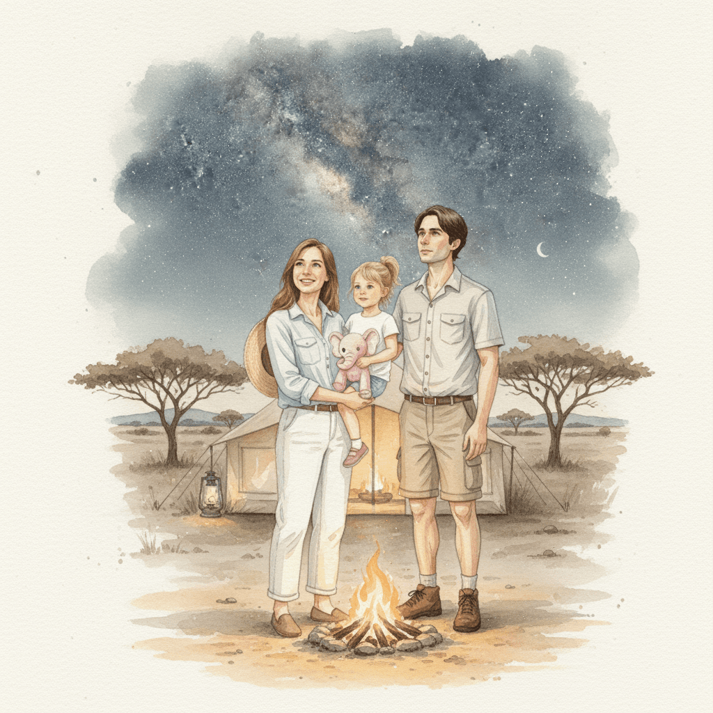 Page from Emma's book: the family gathered at the night camp, under thousands of Tanzanian stars