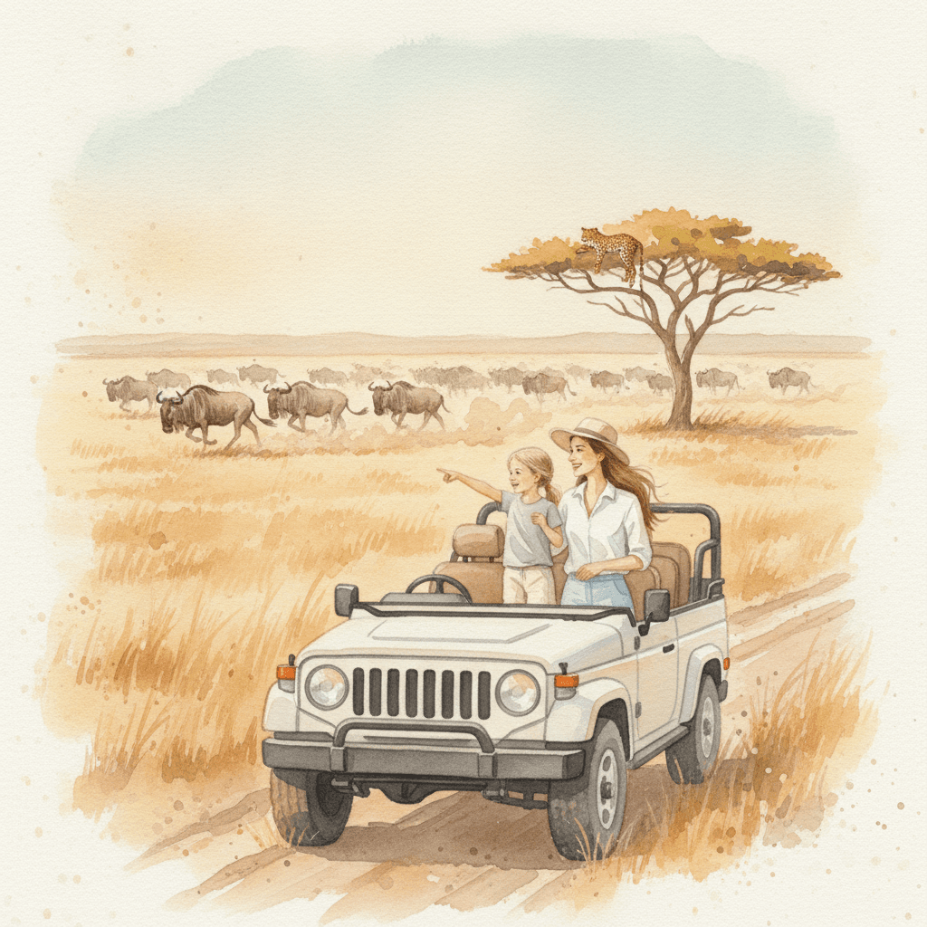Page from Emma's book: a herd of wildebeest races past in a great cloud of dust