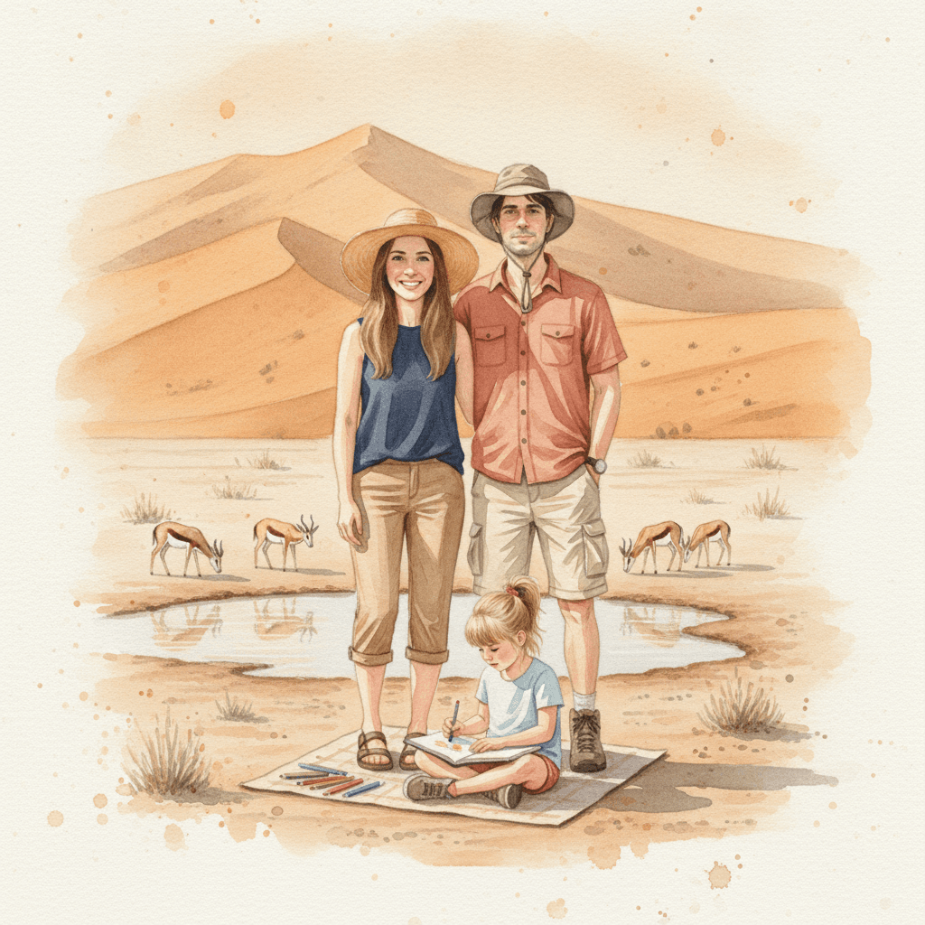 Page from Emma's book: the ochre dunes of Sossusvlei blaze in the evening light