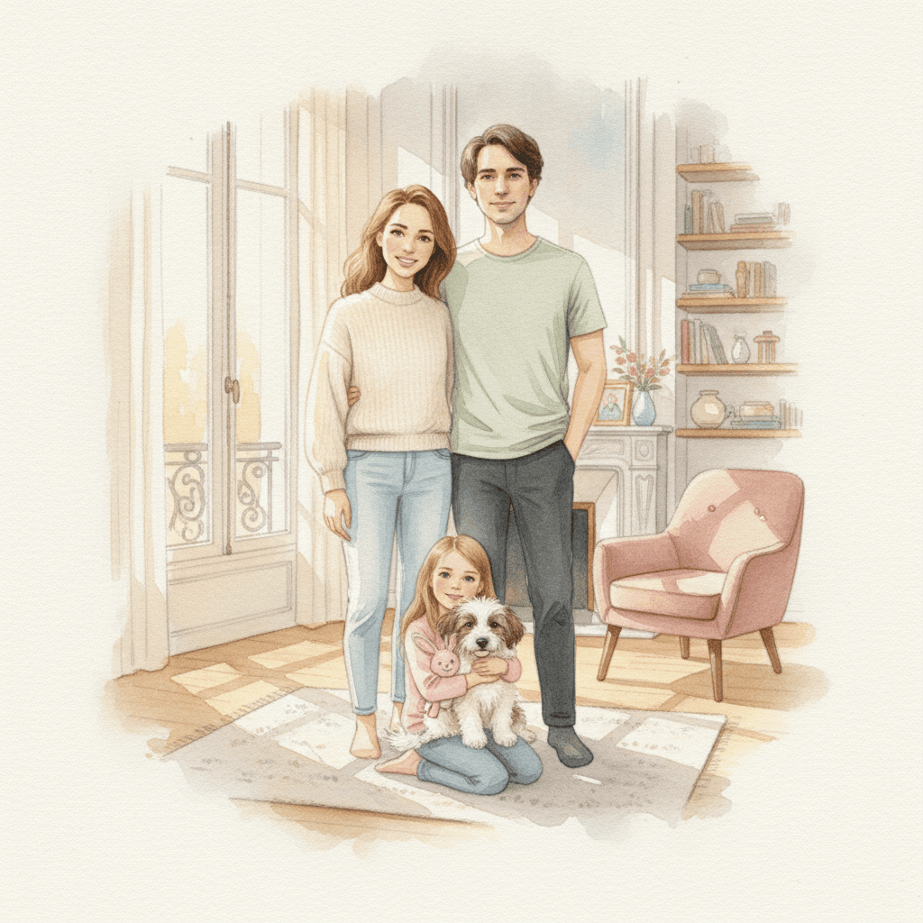 Page from Emma's book: Maracuja comes bounding up joyfully at the door, back in Paris